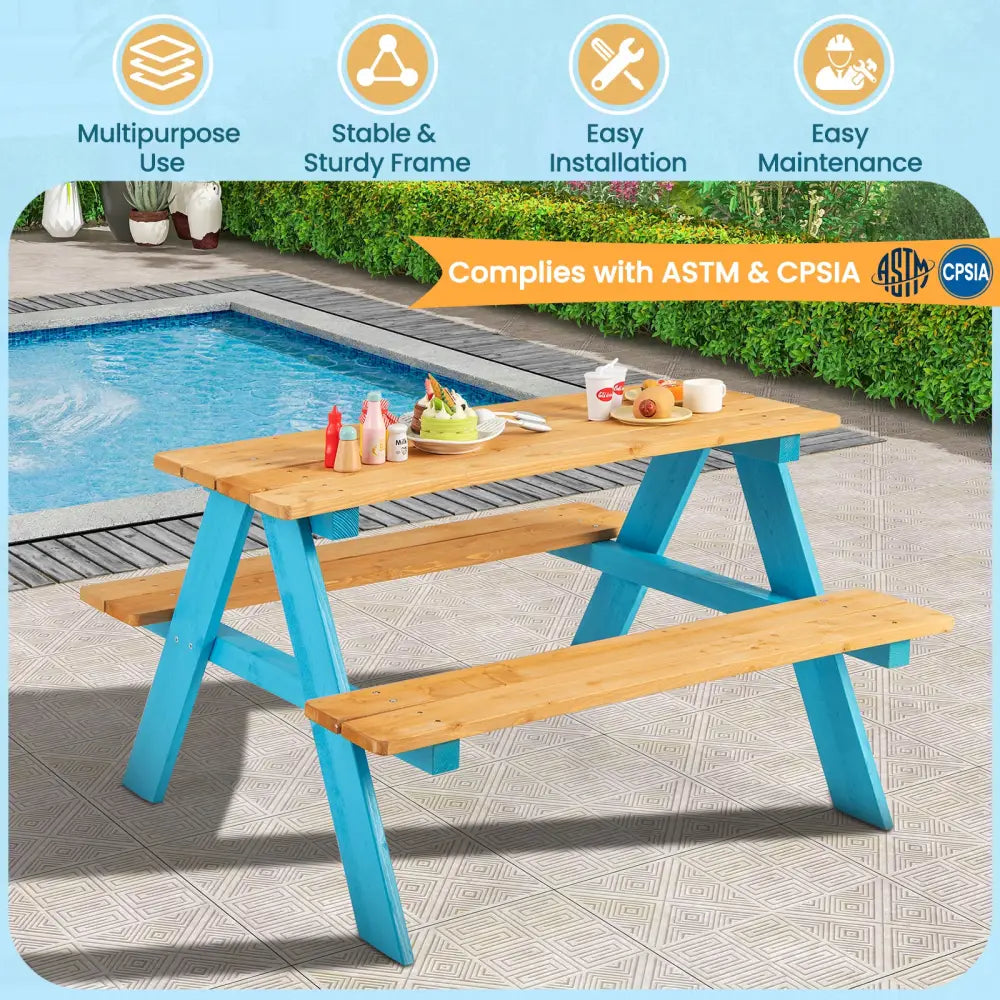 Children Outdoor Wooden Table with Bench Seats for Indoor and Outdoor Use-Natural - Natural - Kids Table & Chair Sets