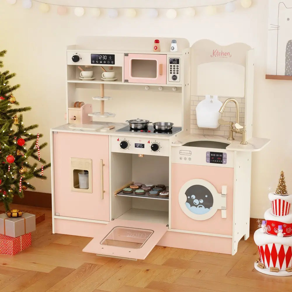 Children Pretend Toy Kitchen Playset with Light and Sound-Pink - Pink - Play Kitchen Sets