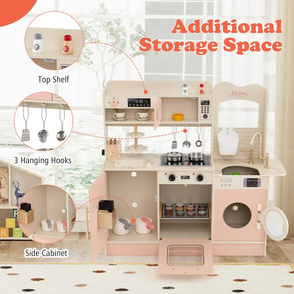 Children Pretend Toy Kitchen Playset with Light and Sound-Pink - Pink - Play Kitchen Sets