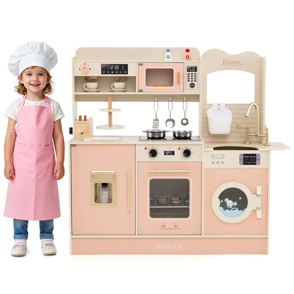 Children Pretend Toy Kitchen Playset with Light and Sound-Pink - Pink - Play Kitchen Sets
