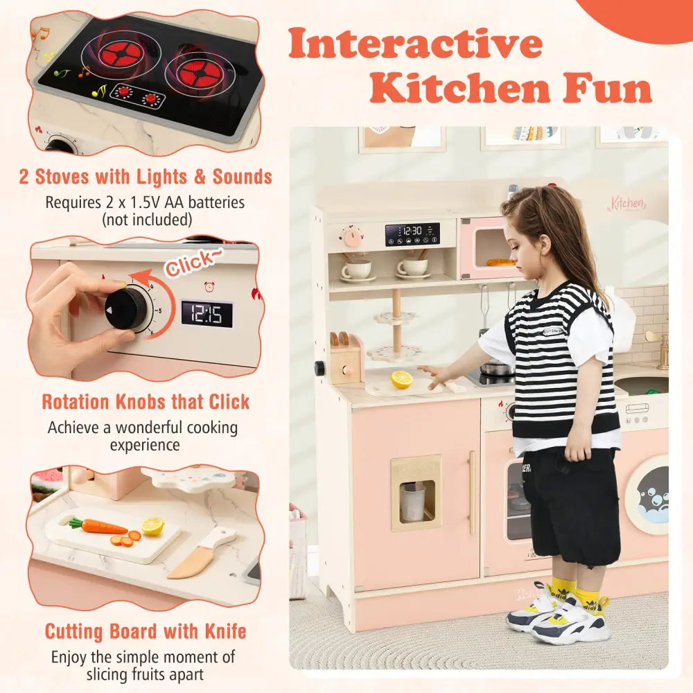 Children Pretend Toy Kitchen Playset with Light and Sound-Pink - Pink - Play Kitchen Sets