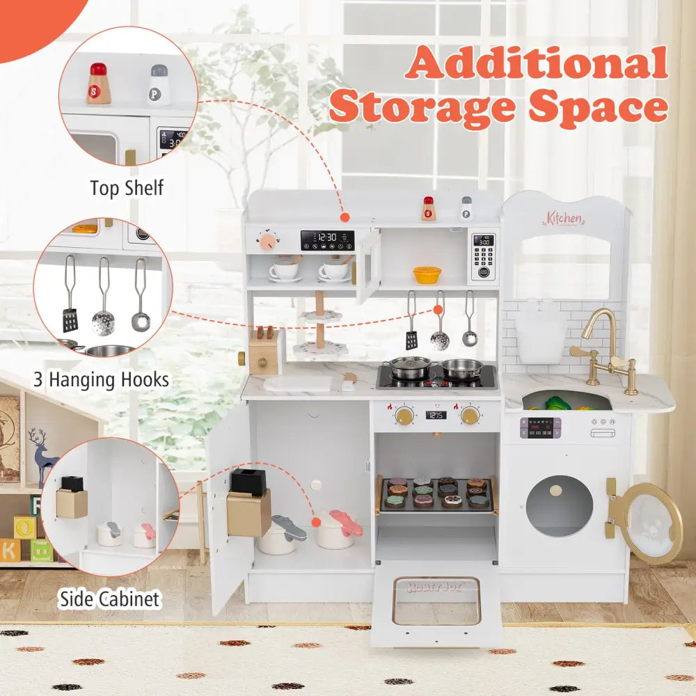 Children Pretend Toy Kitchen Playset with Light and Sound-White - White - Play Kitchen Sets