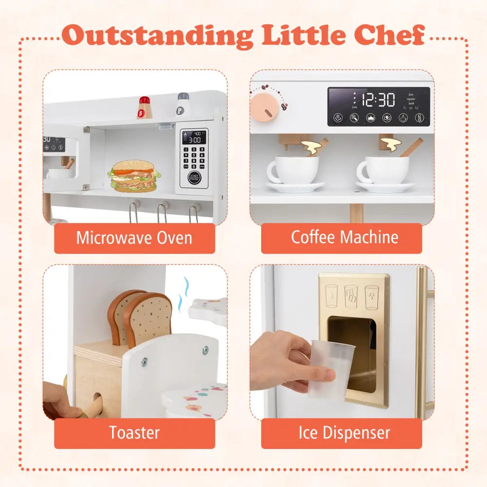 Children Pretend Toy Kitchen Playset with Light and Sound-White - White - Play Kitchen Sets