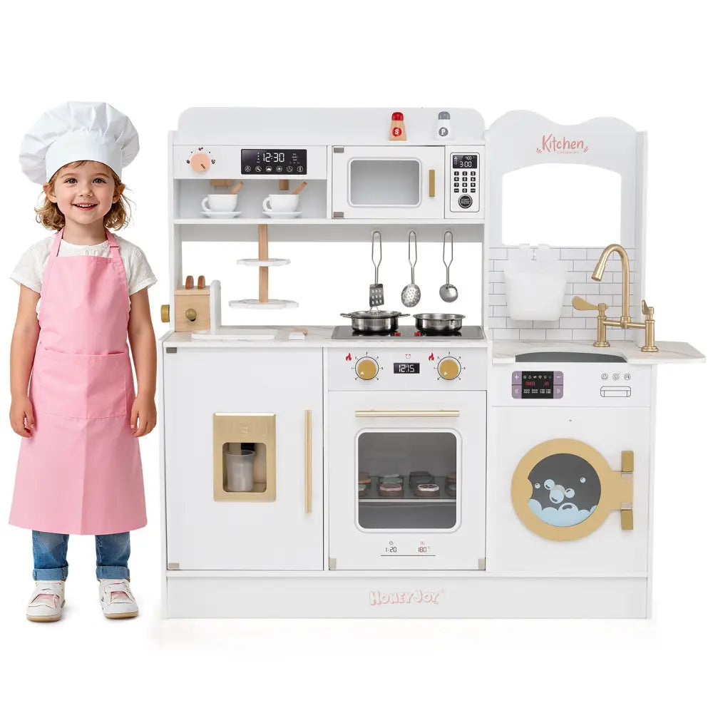 Children Pretend Toy Kitchen Playset with Light and Sound-White - White - Play Kitchen Sets