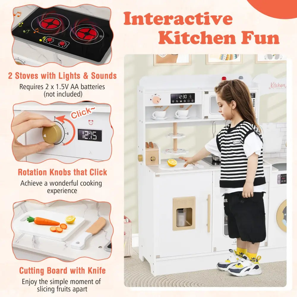 Children Pretend Toy Kitchen Playset with Light and Sound-White - White - Play Kitchen Sets