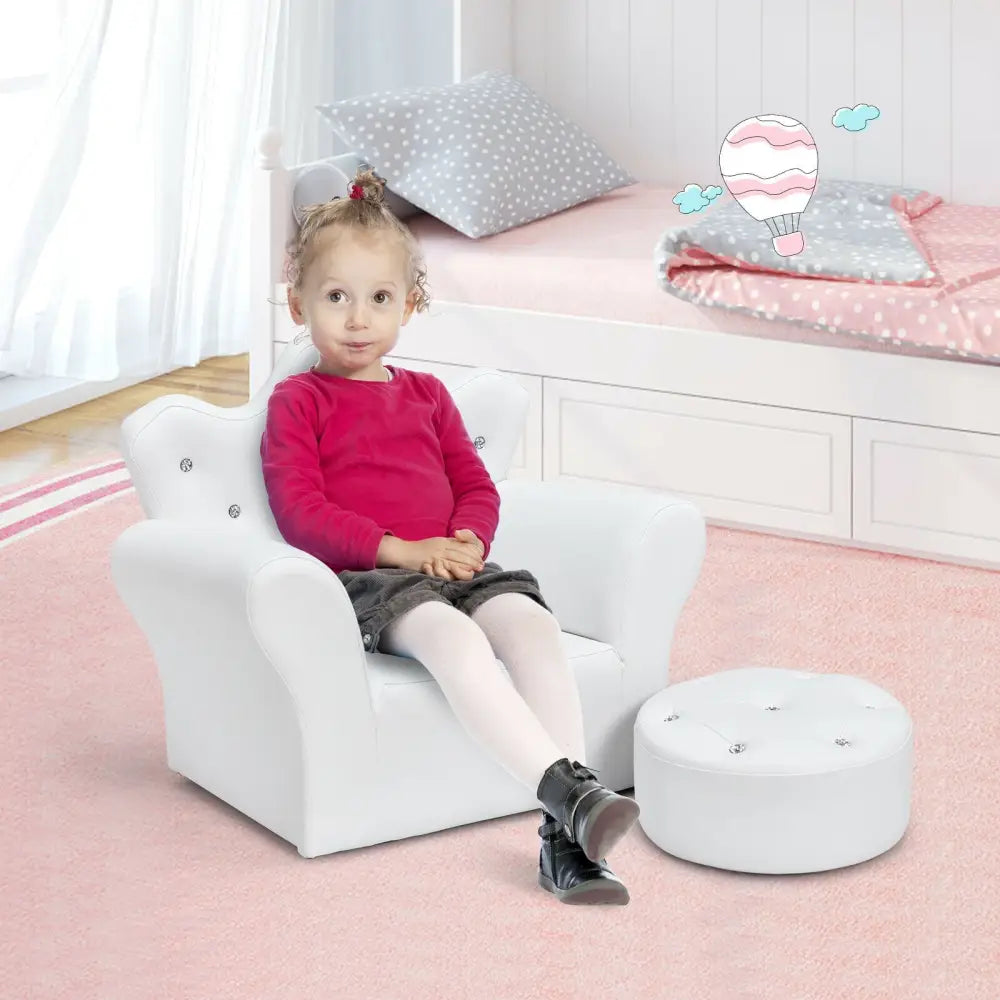 Children Upholstered Princess Sofa with Ottoman and Diamond Decoration for Boys and Girls-White - White - Kids Chairs &