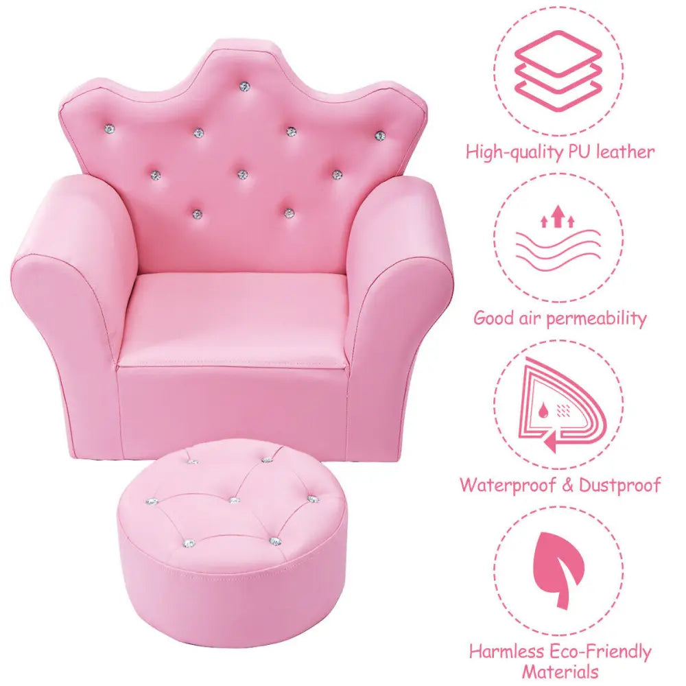 Children Upholstered Princess Sofa with Ottoman and Diamond Decoration for Boys and Girls-Pink - Pink - Kids Chairs &