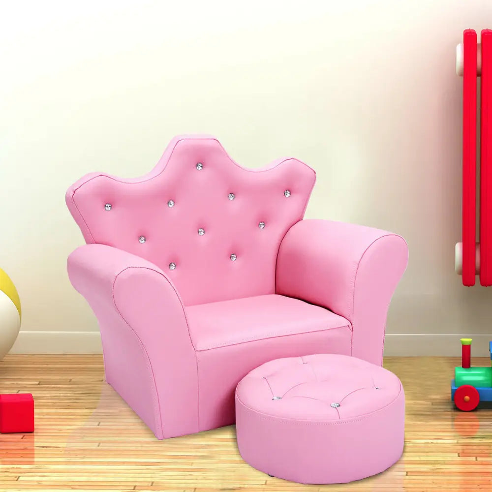 Children Upholstered Princess Sofa with Ottoman and Diamond Decoration for Boys and Girls-Pink - Pink - Kids Chairs &