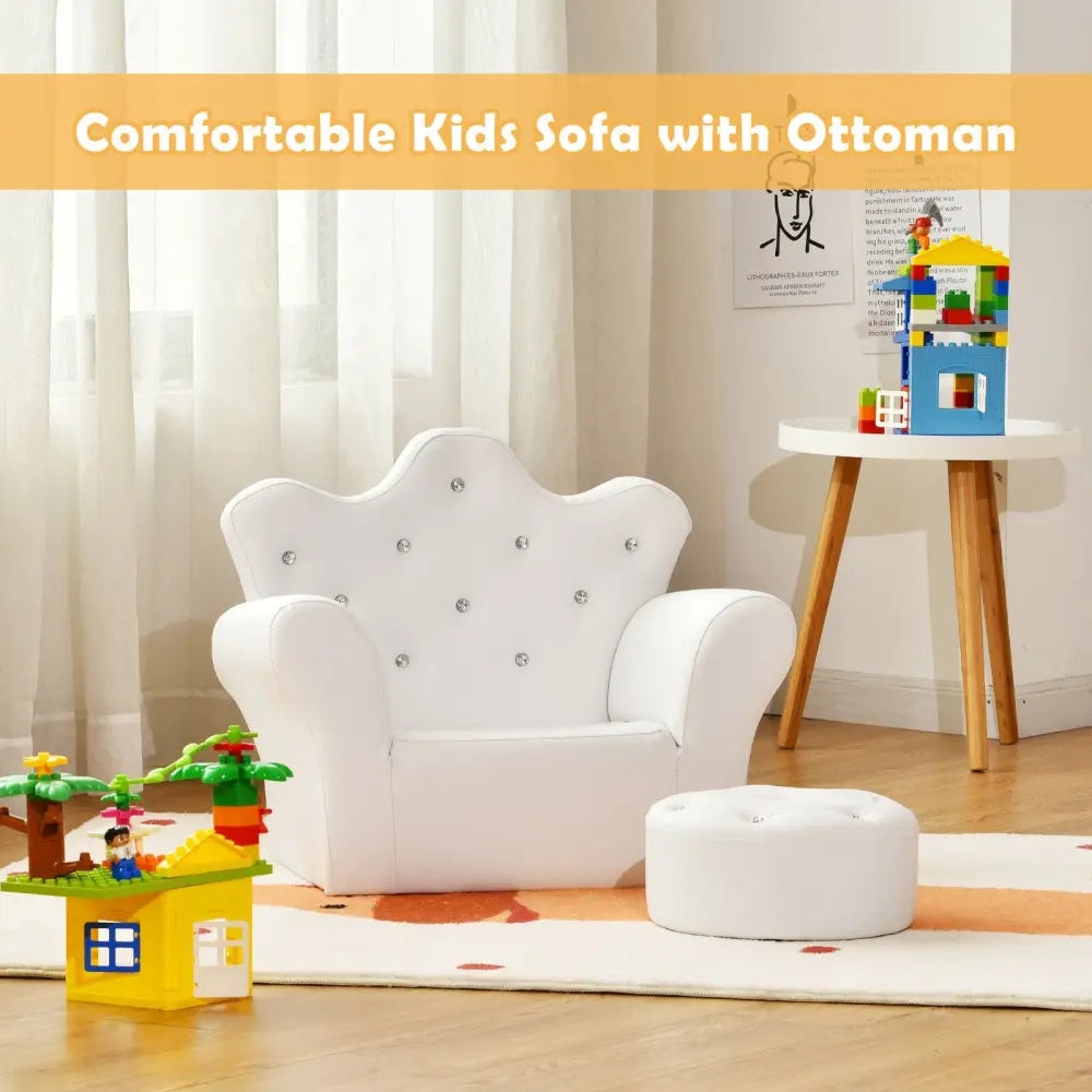 Children Upholstered Princess Sofa with Ottoman and Diamond Decoration for Boys and Girls-White - White - Kids Chairs &