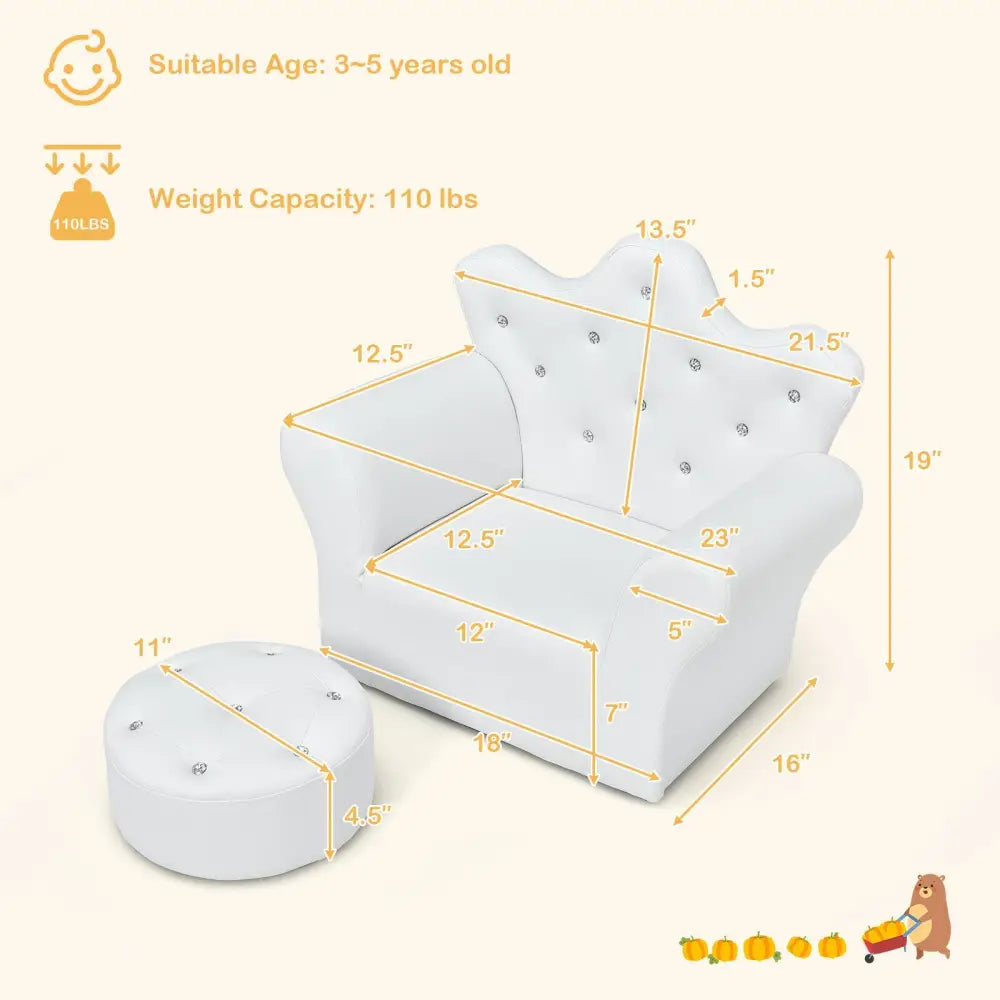 Children Upholstered Princess Sofa with Ottoman and Diamond Decoration for Boys and Girls-White - White - Kids Chairs &