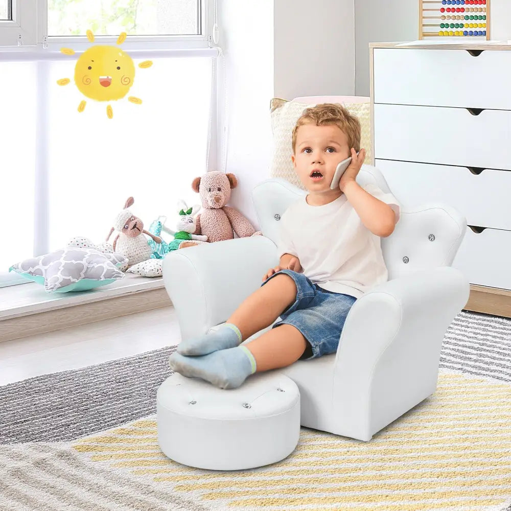 Children Upholstered Princess Sofa with Ottoman and Diamond Decoration for Boys and Girls-White - White - Kids Chairs &
