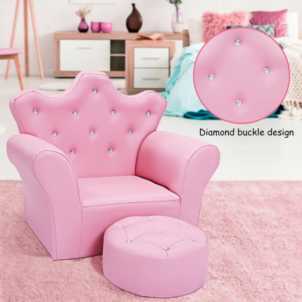 Children Upholstered Princess Sofa with Ottoman and Diamond Decoration for Boys and Girls-Pink - Pink - Kids Chairs &