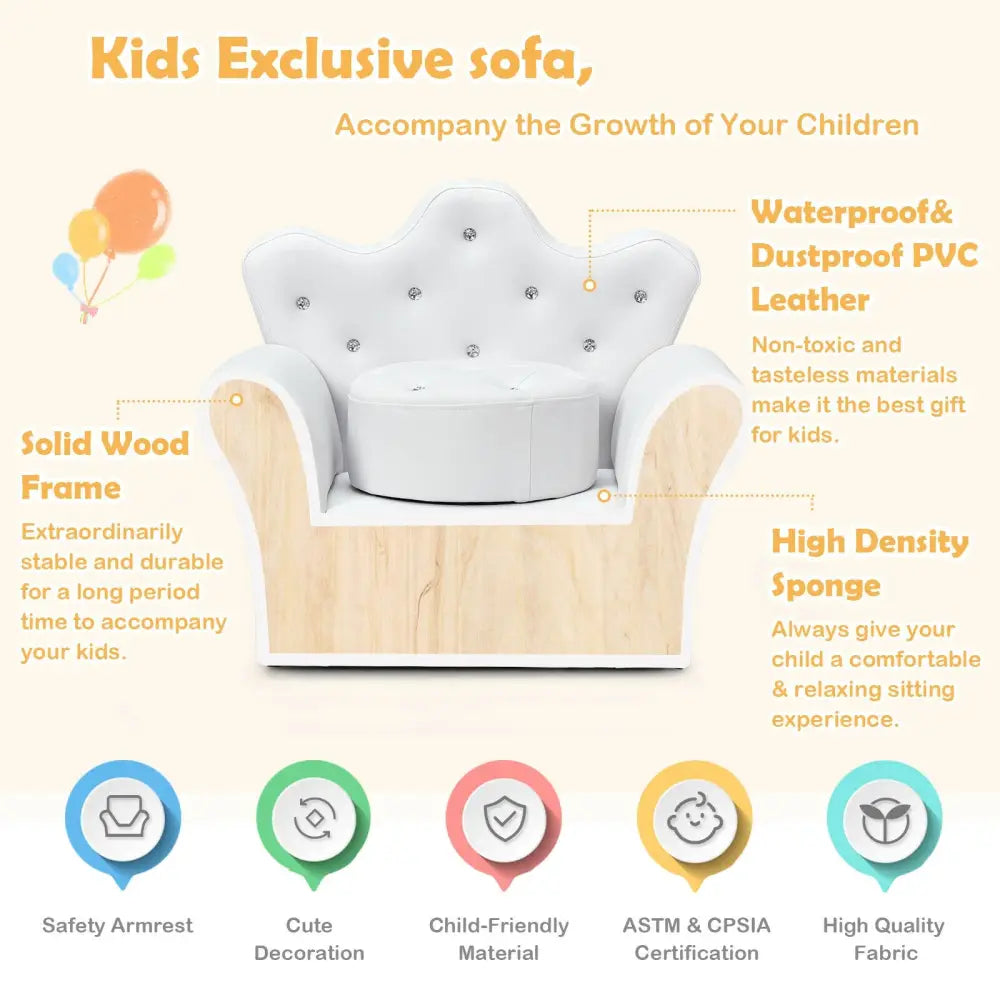 Children Upholstered Princess Sofa with Ottoman and Diamond Decoration for Boys and Girls-White - White - Kids Chairs &