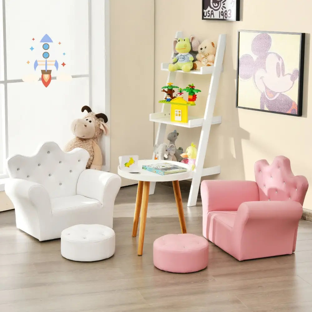 Children Upholstered Princess Sofa with Ottoman and Diamond Decoration for Boys and Girls-White - White - Kids Chairs &