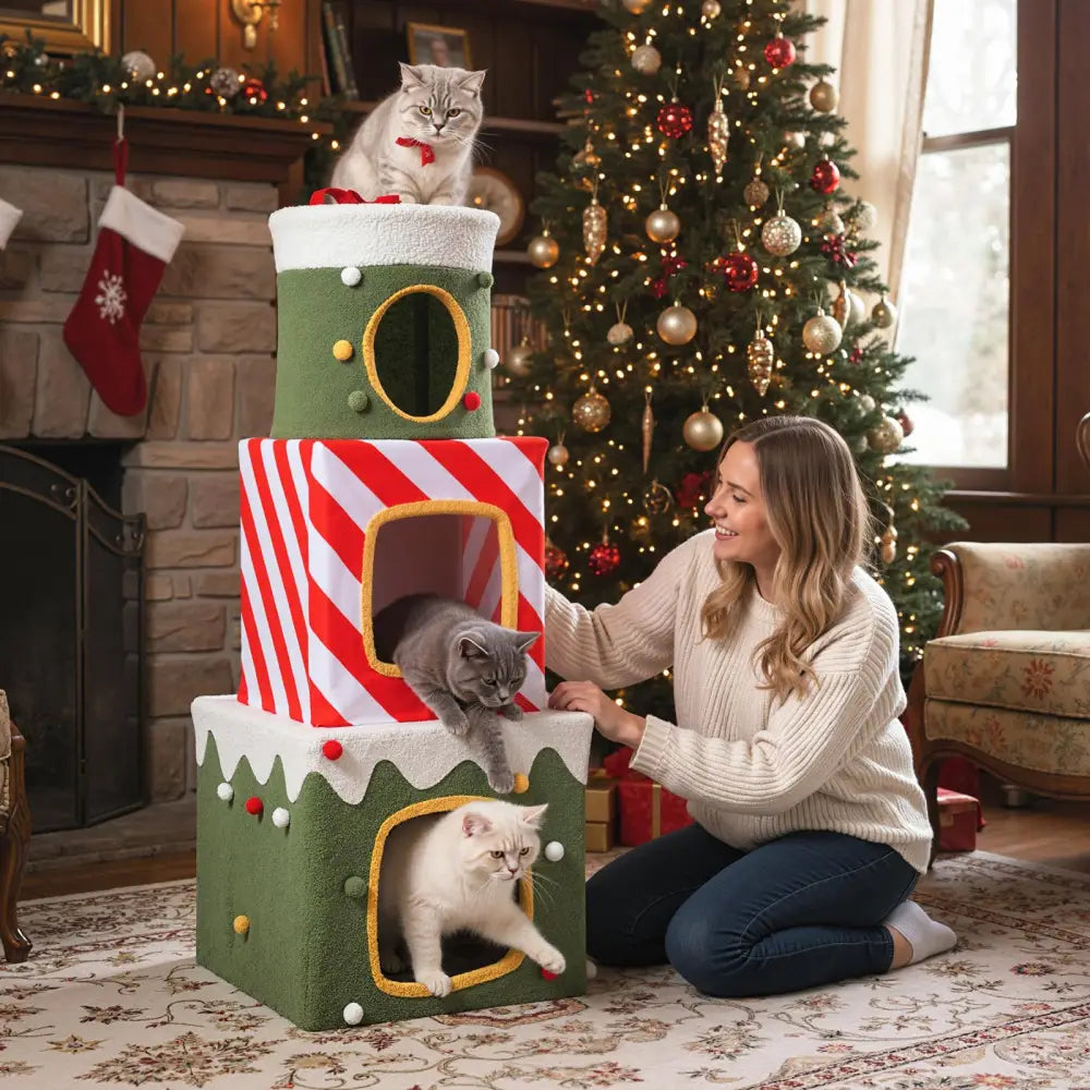 Christmas Cat Tree for Indoor Cats 47’’ Cute Cat Climbing Furniture with 3 Condos-Green - Green - Cat Trees Condos &