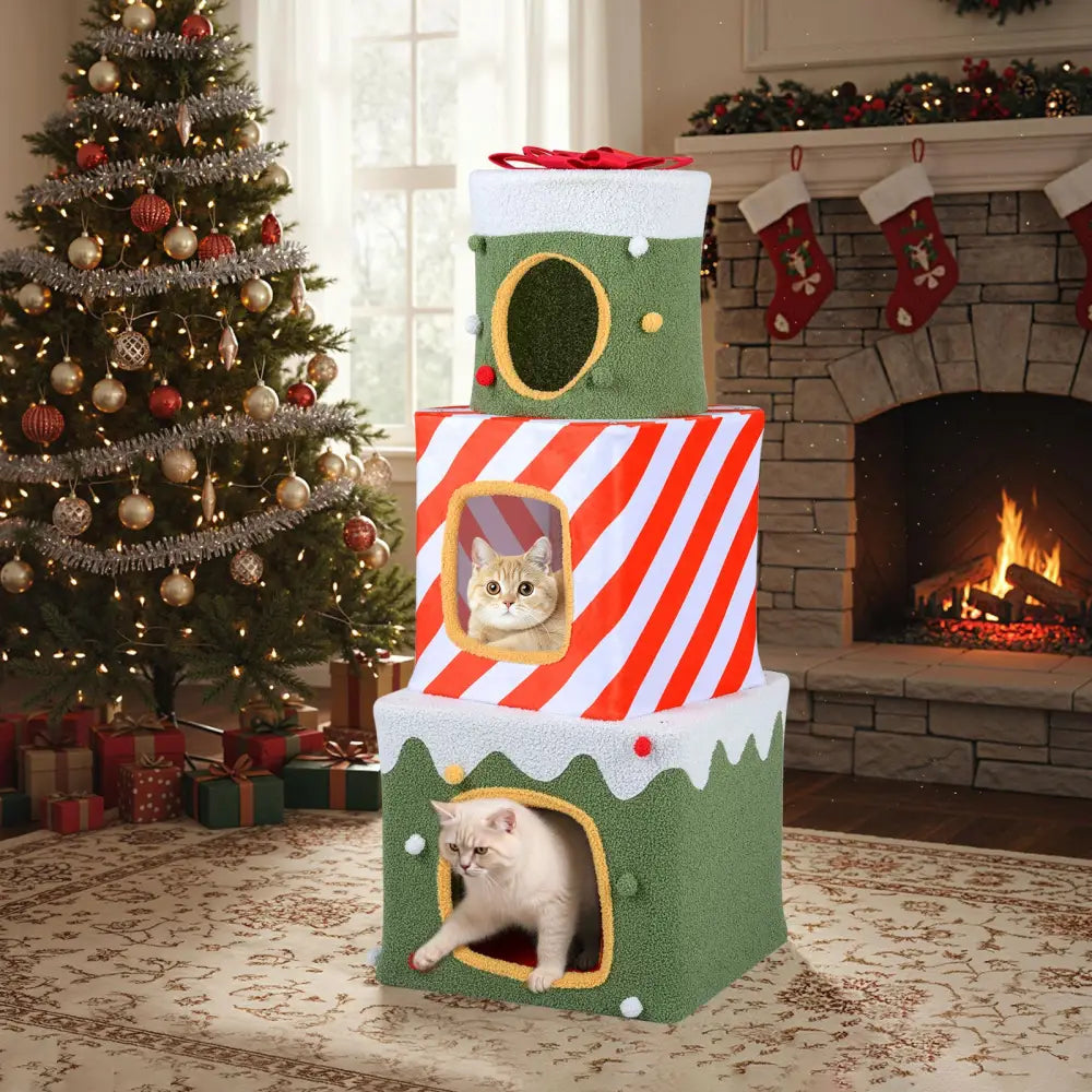 Christmas Cat Tree for Indoor Cats 47’’ Cute Cat Climbing Furniture with 3 Condos-Green - Green - Cat Trees Condos &
