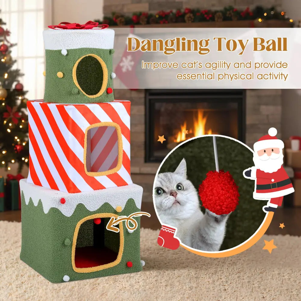Christmas Cat Tree for Indoor Cats 47’’ Cute Cat Climbing Furniture with 3 Condos-Green - Green - Cat Trees Condos &