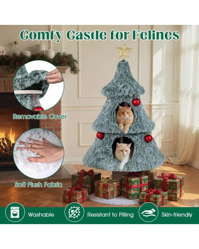 Christmas Cat Tree for Indoor Cats 48.5 inch Cute Cat Tower with 2 Large Condos Scratching Post-Green - Green - Cat