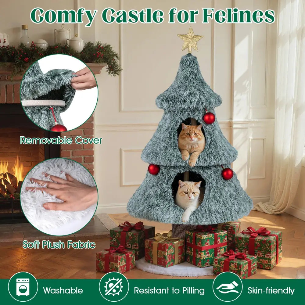 Christmas Cat Tree for Indoor Cats 48.5 inch Cute Cat Tower with 2 Large Condos Scratching Post-Green - Green - Cat