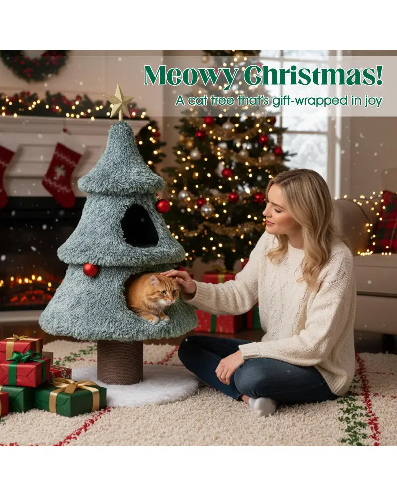 Christmas Cat Tree for Indoor Cats 48.5 inch Cute Cat Tower with 2 Large Condos Scratching Post-Green - Green - Cat