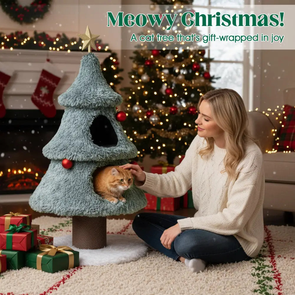 Christmas Cat Tree for Indoor Cats 48.5 inch Cute Cat Tower with 2 Large Condos Scratching Post-Green - Green - Cat