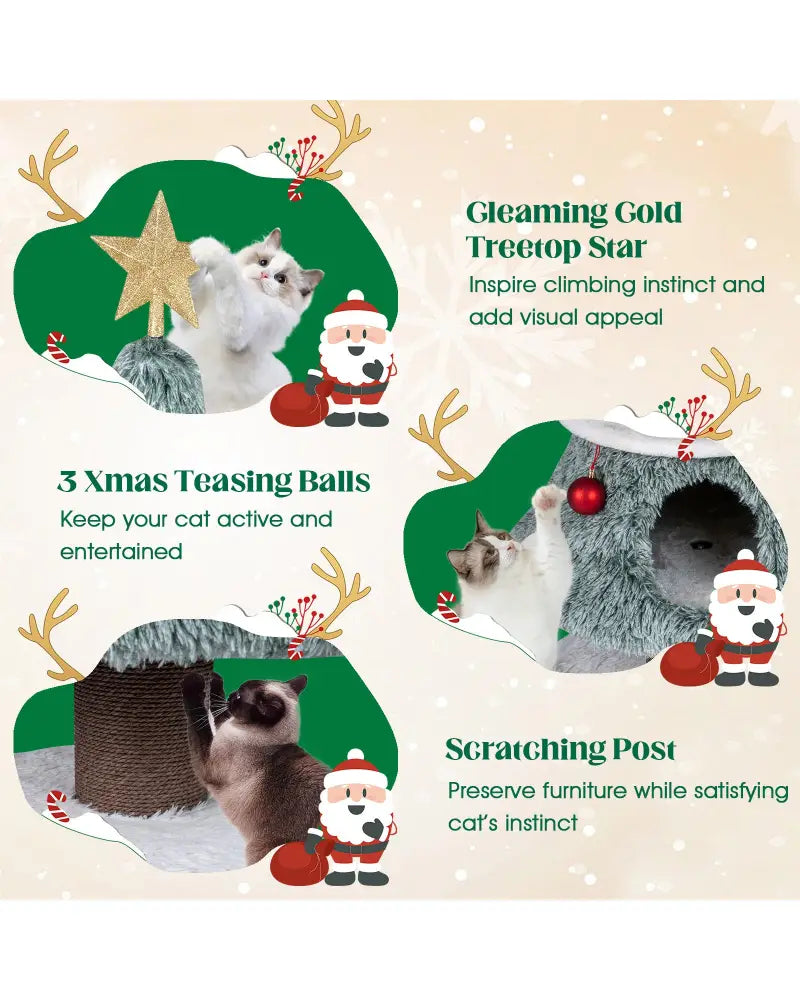 Christmas Cat Tree for Indoor Cats 48.5 inch Cute Cat Tower with 2 Large Condos Scratching Post-Green - Green - Cat