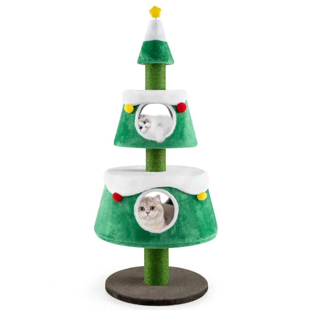 Christmas Cat Tree for Indoor Cats Cute Holiday Cat Tower with 2 Condos-Green - Green - Cat Trees Condos & Scratchers