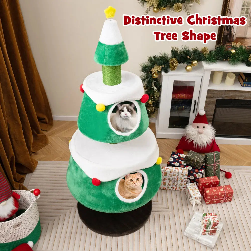 Christmas Cat Tree for Indoor Cats Cute Holiday Cat Tower with 2 Condos-Green - Green - Cat Trees Condos & Scratchers
