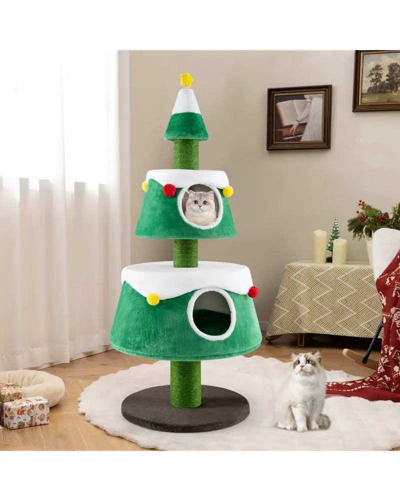 Christmas Cat Tree for Indoor Cats Cute Holiday Cat Tower with 2 Condos-Green - Green - Cat Trees Condos & Scratchers