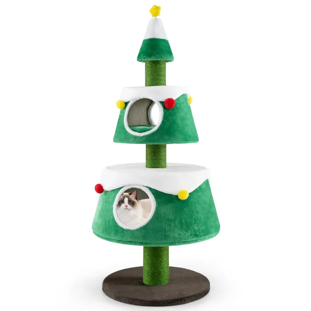 Christmas Cat Tree for Indoor Cats Cute Holiday Cat Tower with 2 Condos-Green - Green - Cat Trees Condos & Scratchers