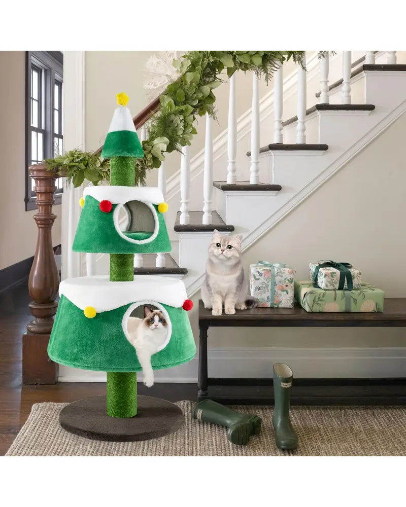Christmas Cat Tree for Indoor Cats Cute Holiday Cat Tower with 2 Condos-Green - Green - Cat Trees Condos & Scratchers