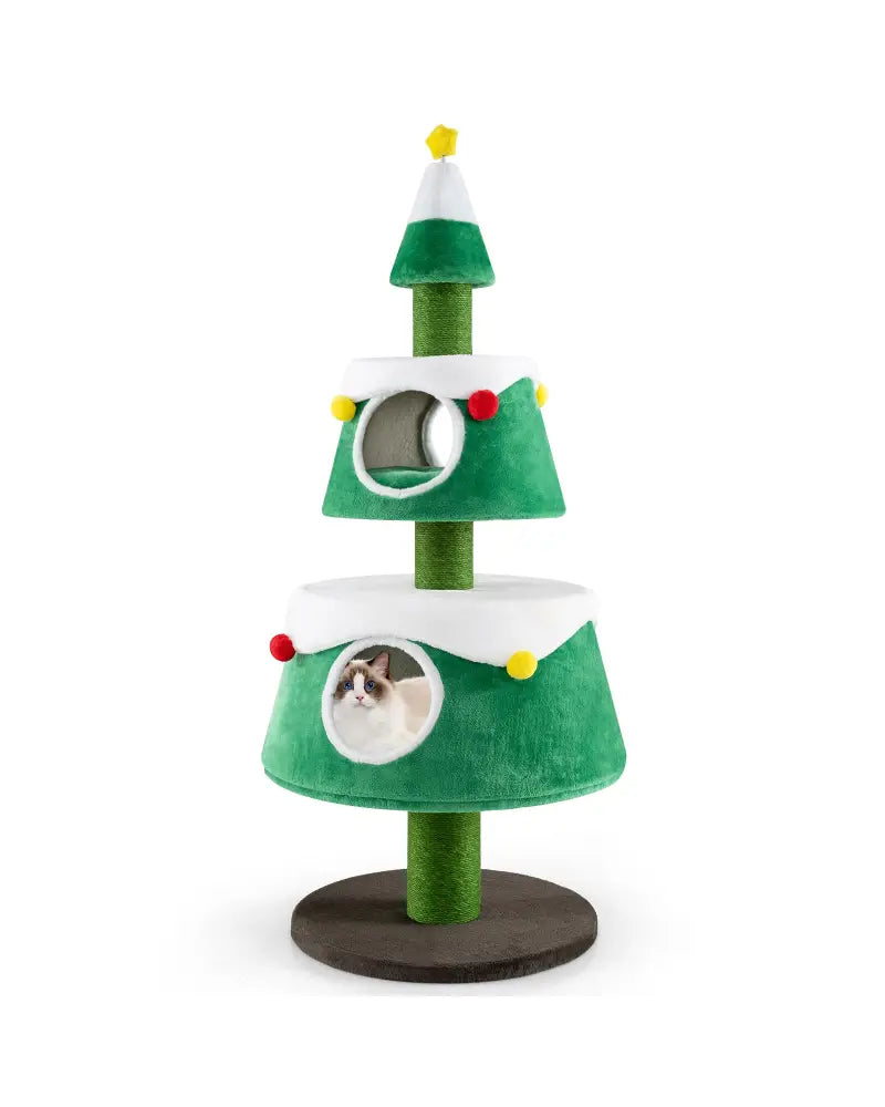 Christmas Cat Tree for Indoor Cats Cute Holiday Cat Tower with 2 Condos-Green - Green - Cat Trees Condos & Scratchers