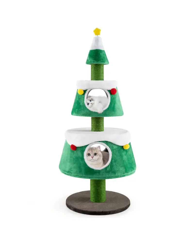 Christmas Cat Tree for Indoor Cats Cute Holiday Cat Tower with 2 Condos-Green - Green - Cat Trees Condos & Scratchers