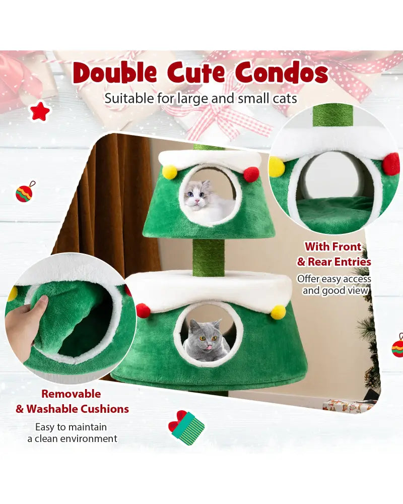 Christmas Cat Tree for Indoor Cats Cute Holiday Cat Tower with 2 Condos-Green - Green - Cat Trees Condos & Scratchers