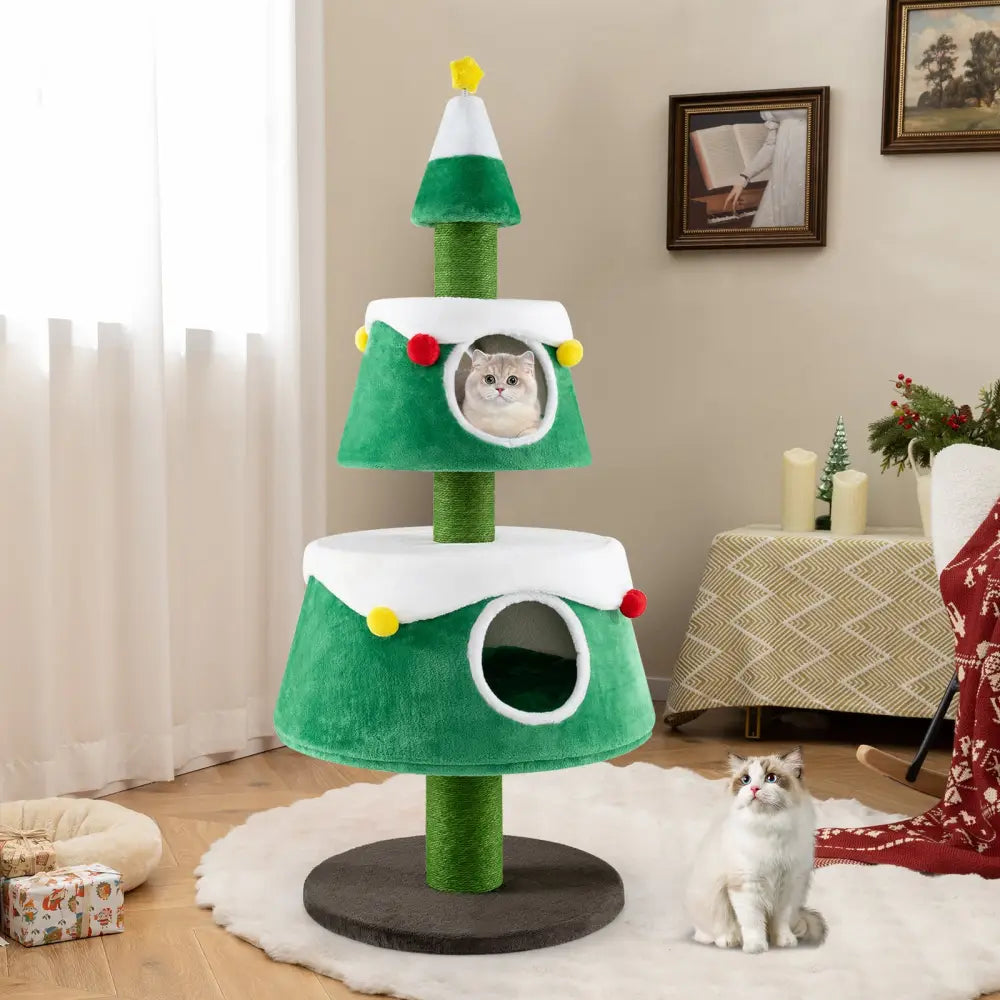 Christmas Cat Tree for Indoor Cats Cute Holiday Cat Tower with 2 Condos-Green - Green - Cat Trees Condos & Scratchers