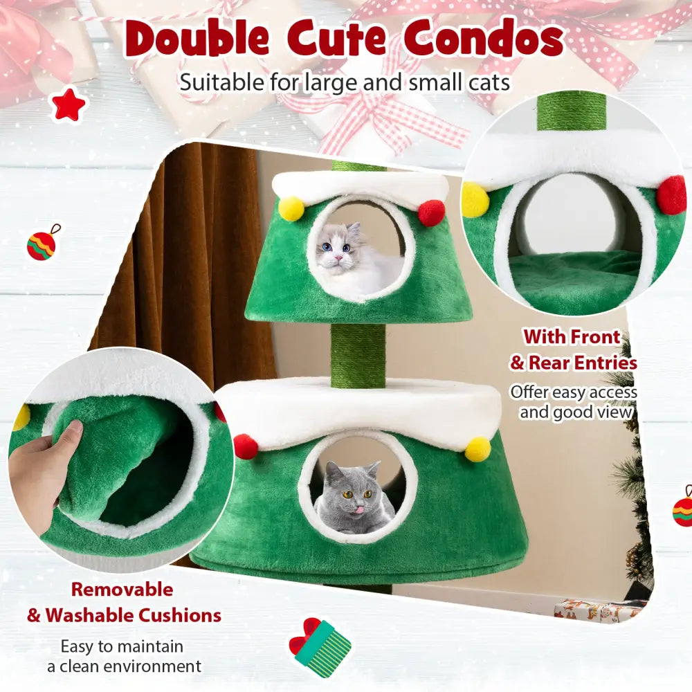 Christmas Cat Tree for Indoor Cats Cute Holiday Cat Tower with 2 Condos-Green - Green - Cat Trees Condos & Scratchers