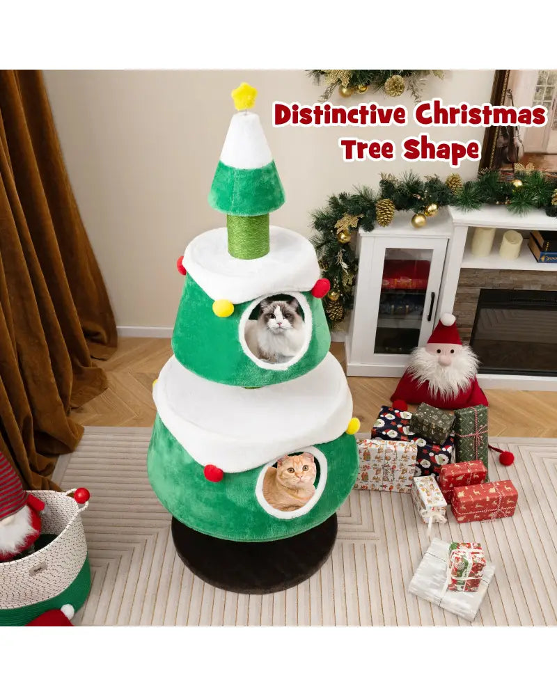 Christmas Cat Tree for Indoor Cats Cute Holiday Cat Tower with 2 Condos-Green - Green - Cat Trees Condos & Scratchers