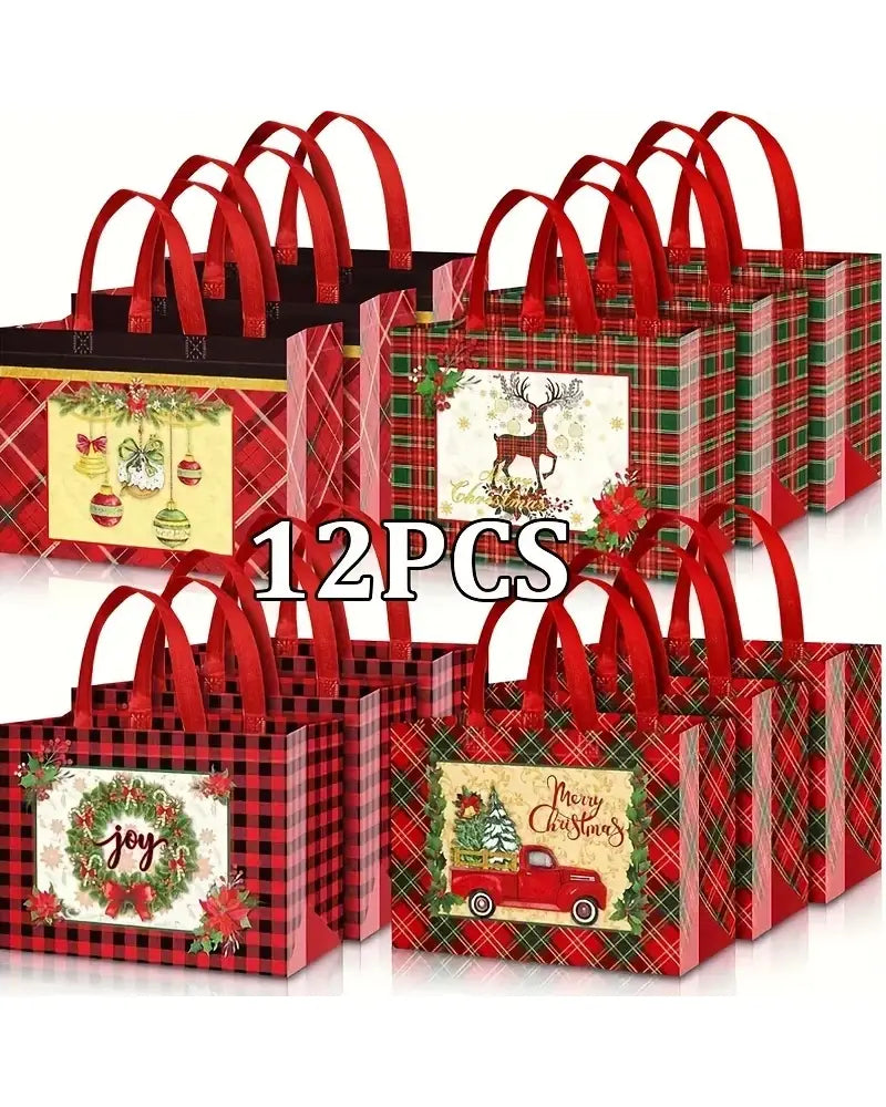 Christmas Gift Bags with Handles – Reusable Non-Woven Holiday Tote Bags - 12Pcs / 32.5x25x17cm
