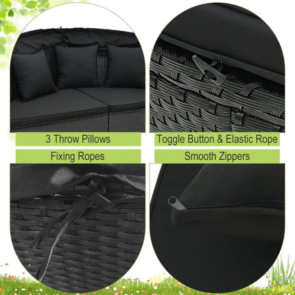 Clamshell Patio Round Daybed Wicker with Retractable Canopy and Pillows-Black - Black - Outdoor Sectionals
