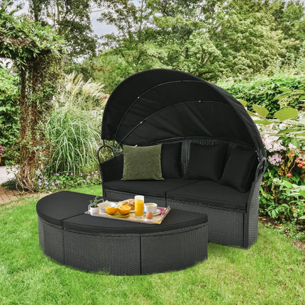 Clamshell Patio Round Daybed Wicker with Retractable Canopy and Pillows-Black - Black - Outdoor Sectionals