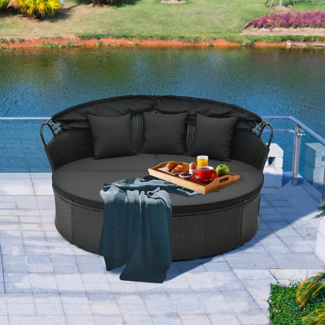 Clamshell Patio Round Daybed Wicker with Retractable Canopy and Pillows-Black - Black - Outdoor Sectionals
