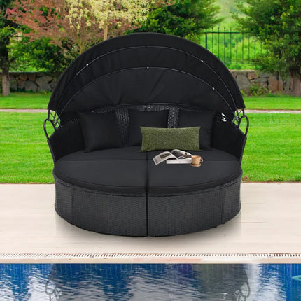 Clamshell Patio Round Daybed Wicker with Retractable Canopy and Pillows-Black - Black - Outdoor Sectionals