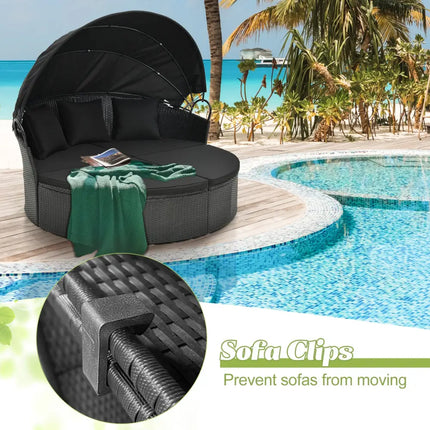 Clamshell Patio Round Daybed Wicker with Retractable Canopy and Pillows-Black - Black - Outdoor Sectionals