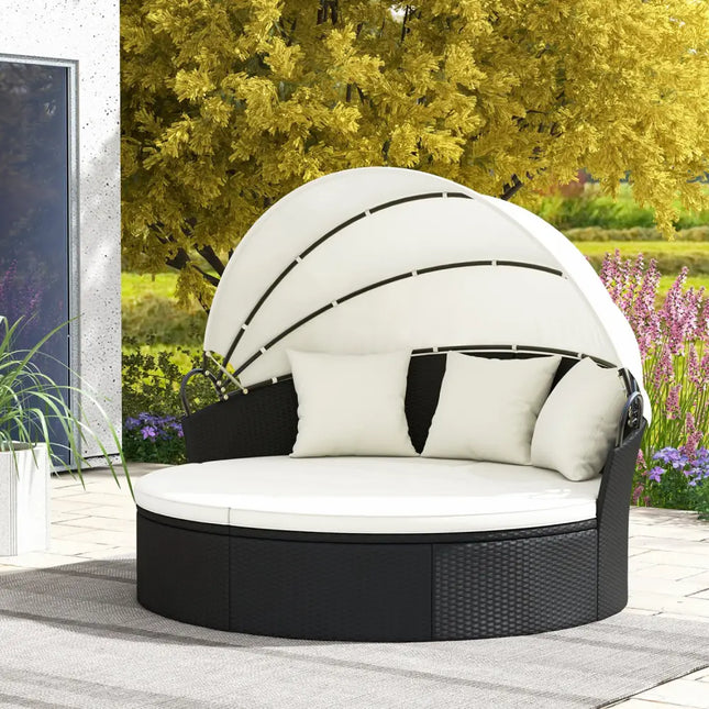 Clamshell Patio Round Daybed Wicker with Retractable Canopy and Pillows-Off White - Off White - Outdoor Sectionals