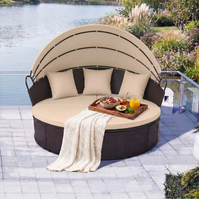 Clamshell Patio Round Daybed Wicker with Retractable Canopy and Pillows-Brown - Brown - Outdoor Sectionals