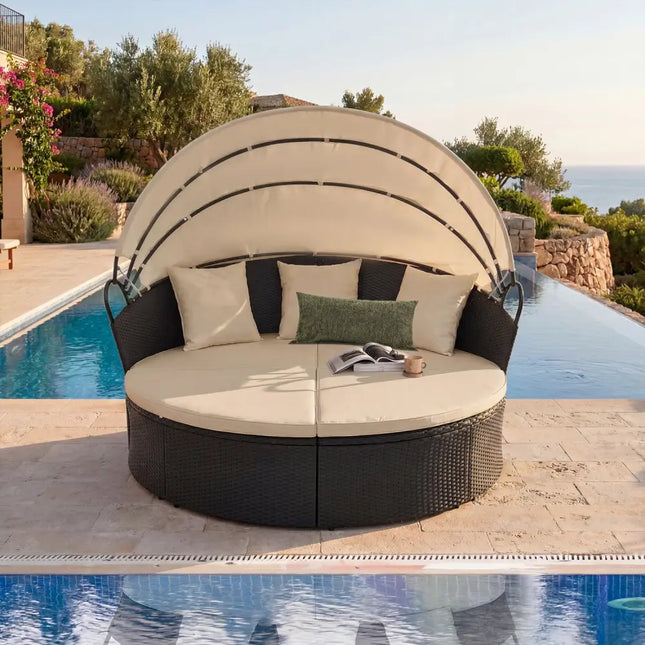 Clamshell Patio Round Daybed Wicker with Retractable Canopy and Pillows-Brown - Brown - Outdoor Sectionals