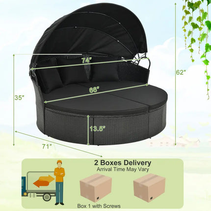 Clamshell Patio Round Daybed Wicker with Retractable Canopy and Pillows-Black - Black - Outdoor Sectionals