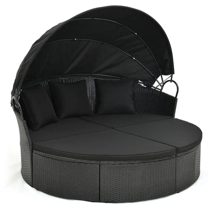 Clamshell Patio Round Daybed Wicker with Retractable Canopy and Pillows-Black - Black - Outdoor Sectionals