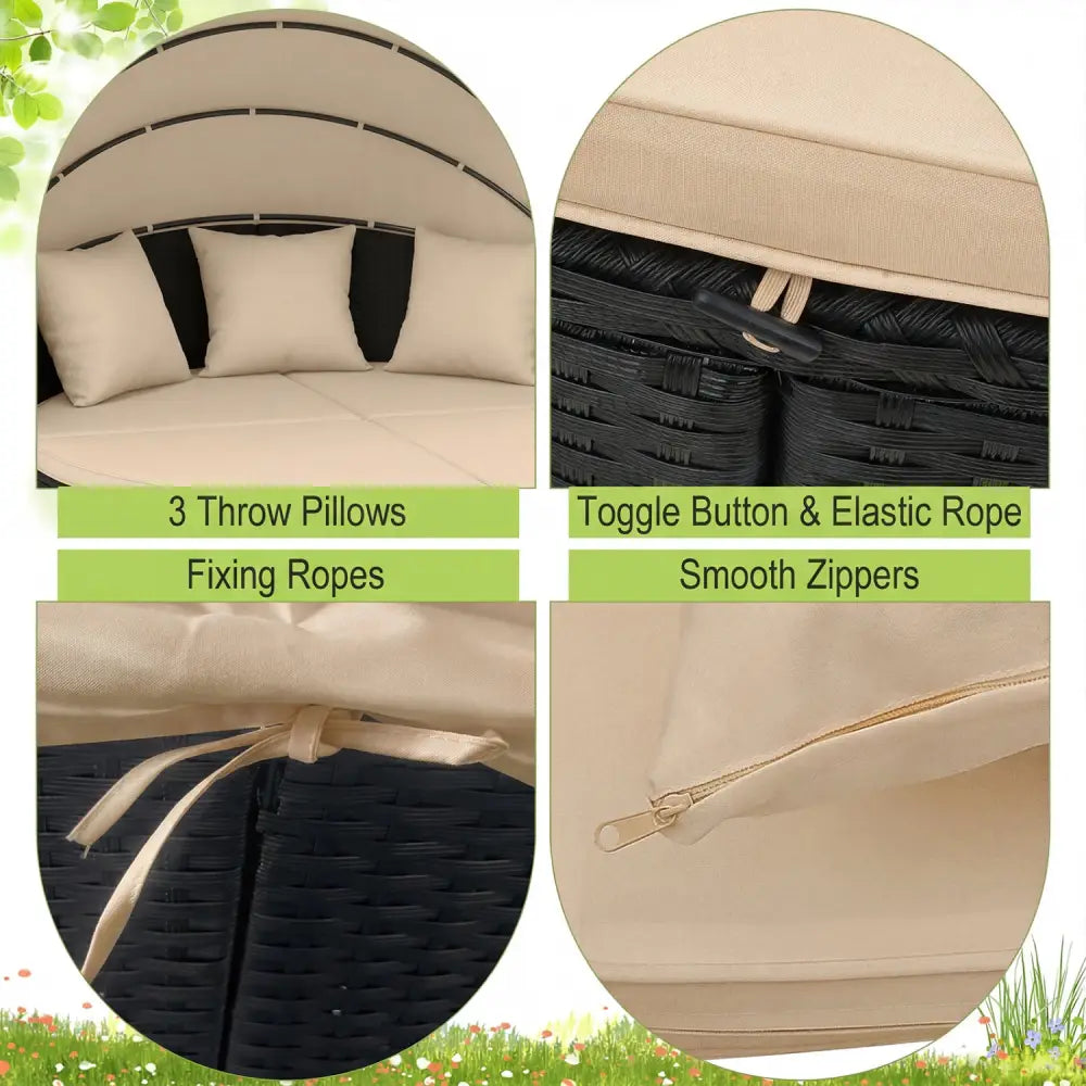 Clamshell Patio Round Daybed Wicker with Retractable Canopy and Pillows-Brown - Brown - Outdoor Sectionals
