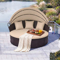 Clamshell Patio Round Daybed Wicker with Retractable Canopy and Pillows-Brown - Brown - Outdoor Sectionals